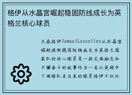 格伊从水晶宫崛起稳固防线成长为英格兰核心球员