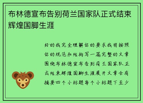 布林德宣布告别荷兰国家队正式结束辉煌国脚生涯