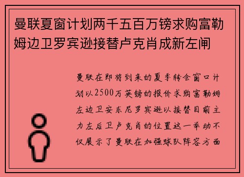 曼联夏窗计划两千五百万镑求购富勒姆边卫罗宾逊接替卢克肖成新左闸